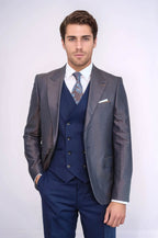 Patterned Navy Blue Brown Men Suit – front view