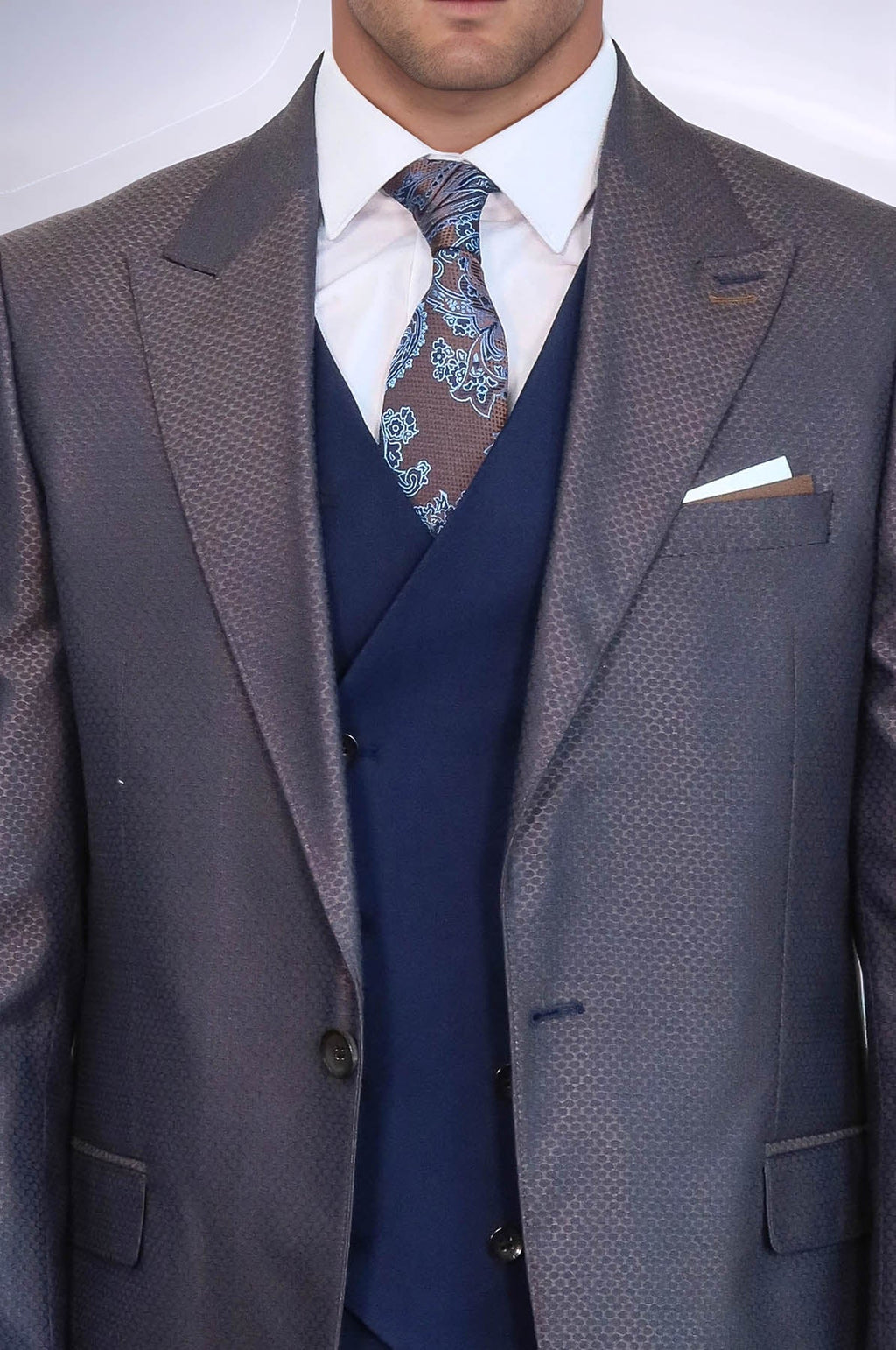 Patterned Navy Blue Brown Men Suit – detail view