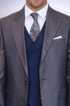 Patterned Navy Blue Brown Men Suit – detail view