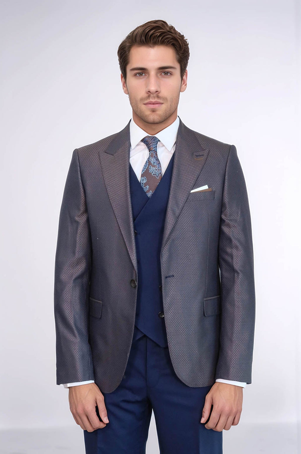 Patterned Navy Blue Brown Men Suit – side view