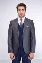 Patterned Navy Blue Brown Men Suit – side view