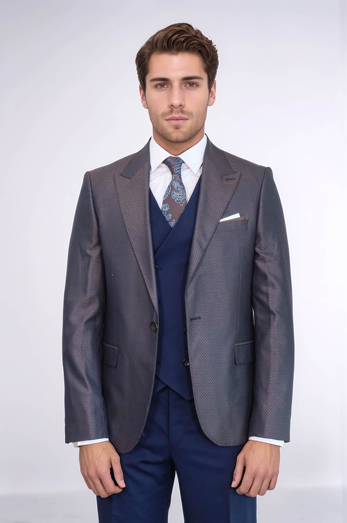 Patterned Navy Blue Brown Men Suit – side view