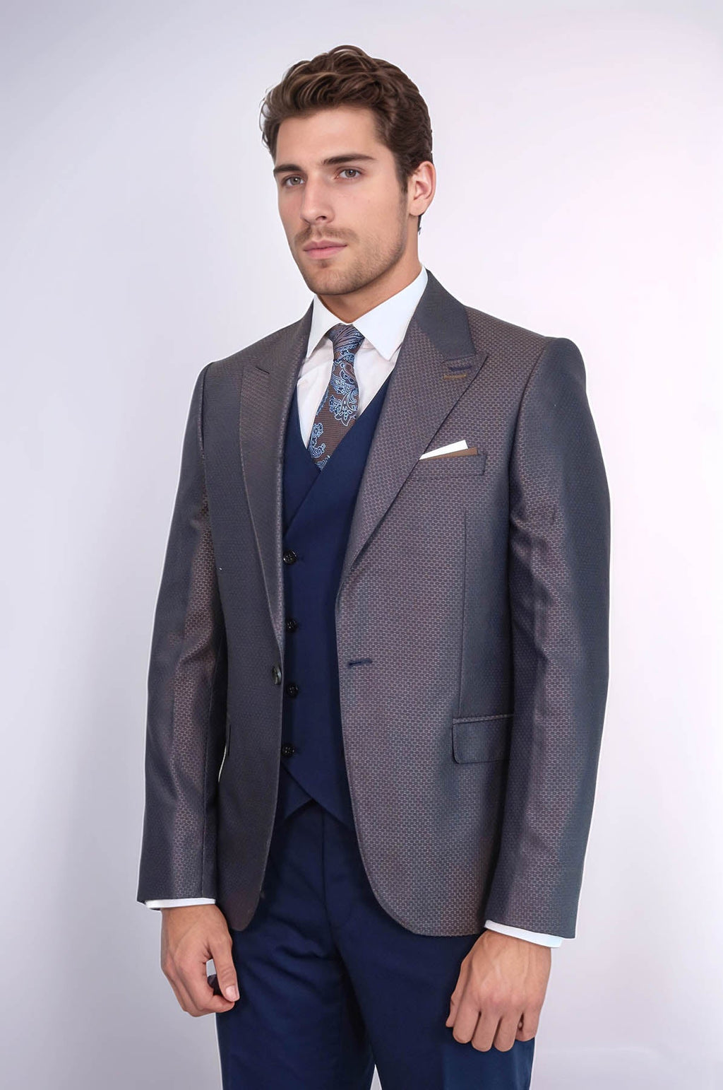 Patterned Navy Blue Brown Men Suit – styled view