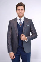 Patterned Navy Blue Brown Men Suit – full look view