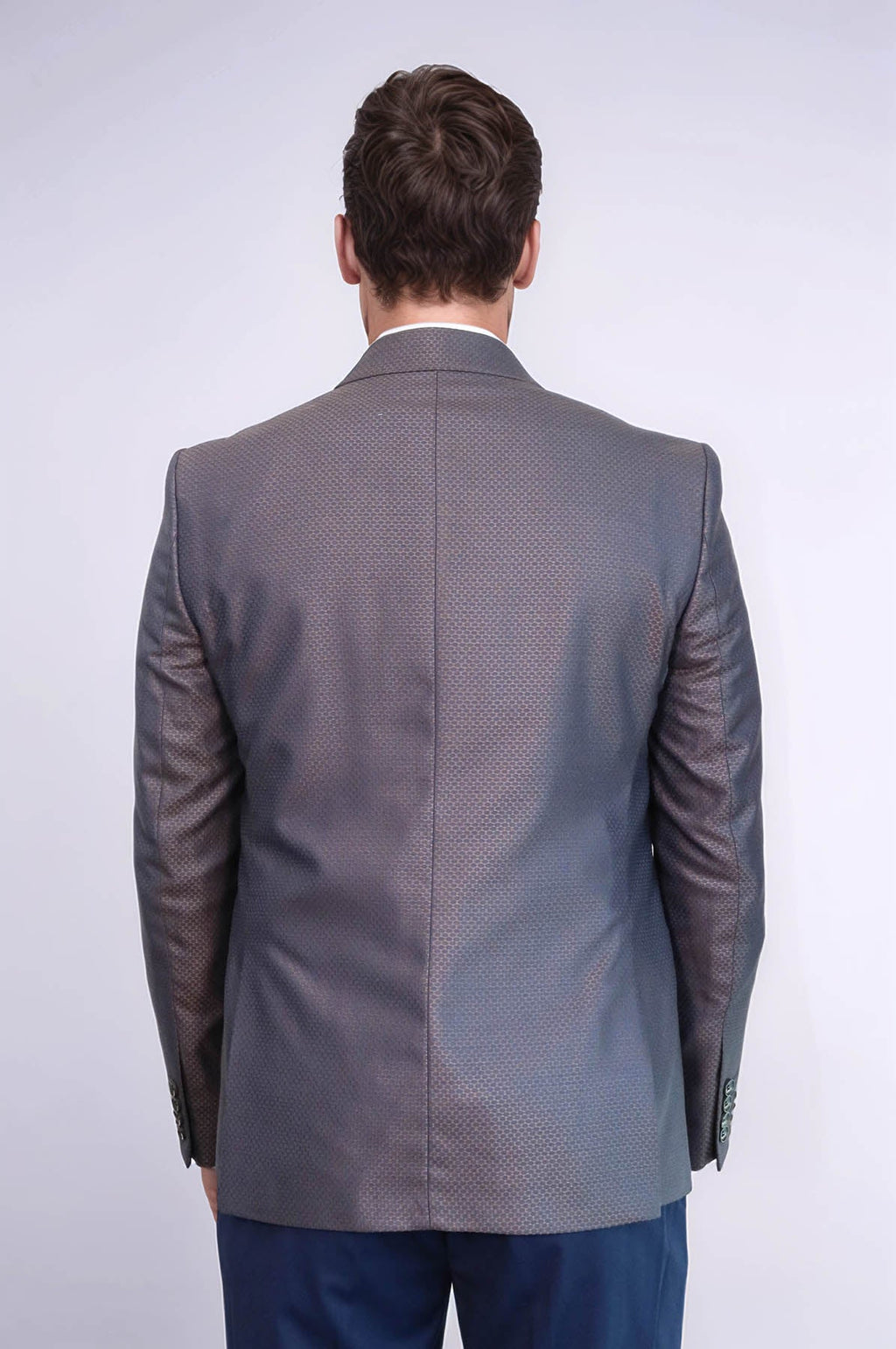 Patterned Navy Blue Brown Men Suit – fabric detail view