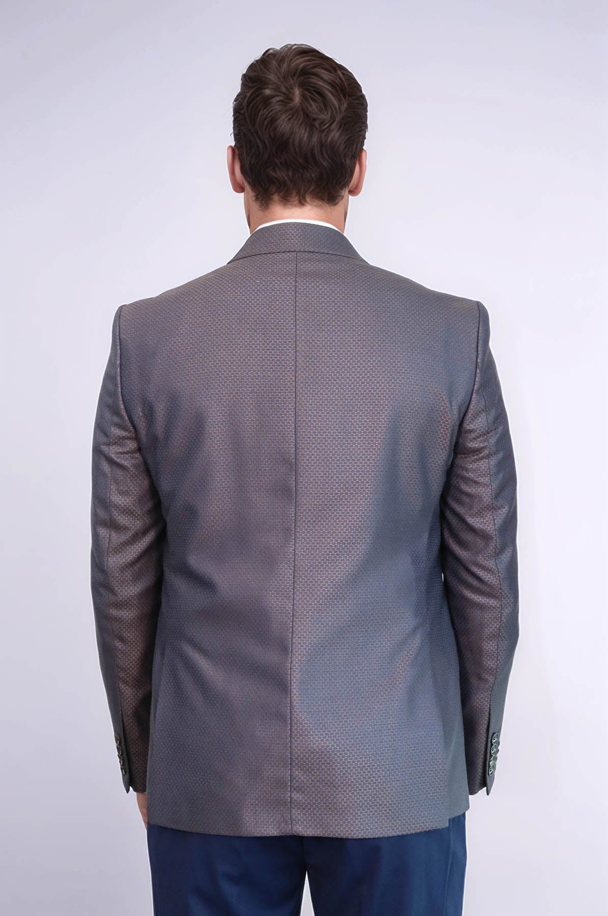 Patterned Navy Blue Brown Men Suit – fabric detail view