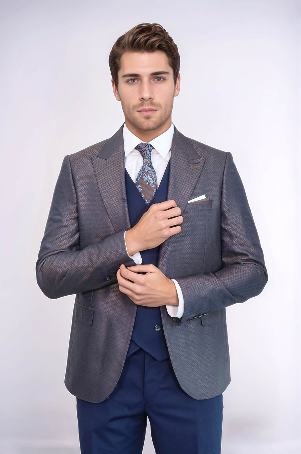 Patterned Navy Blue Brown Men Suit – angled view