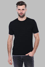 Patterned Tricot Knitted Black Men T-Shirt – front view