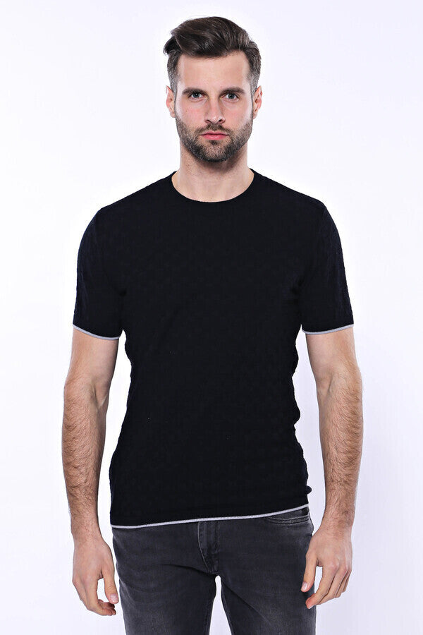 Patterned Tricot Knitted Black Men T-Shirt – side view