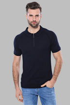 Patterned Tricot Knitted Navy Blue Men T-Shirt – front view