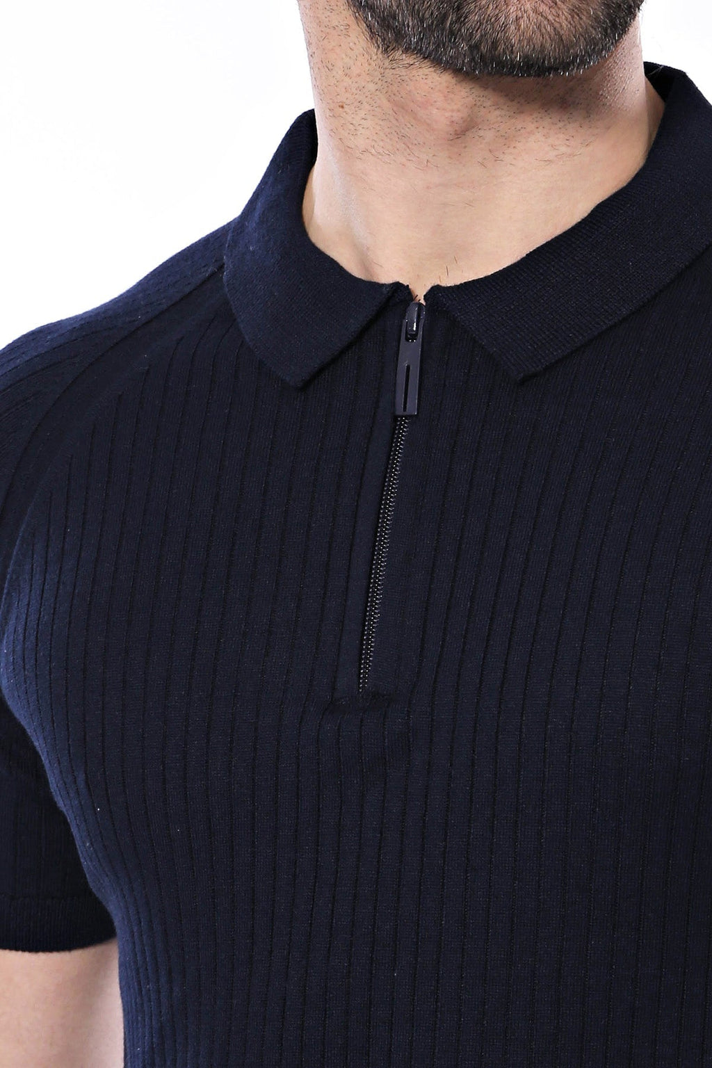 Patterned Tricot Knitted Navy Blue Men T-Shirt – detail view