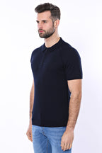 Patterned Tricot Knitted Navy Blue Men T-Shirt – side view