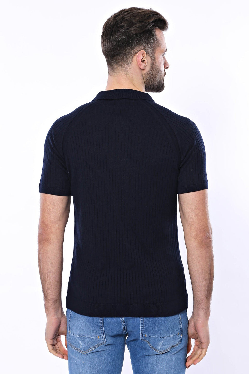 Patterned Tricot Knitted Navy Blue Men T-Shirt – styled view