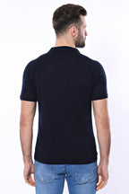 Patterned Tricot Knitted Navy Blue Men T-Shirt – styled view