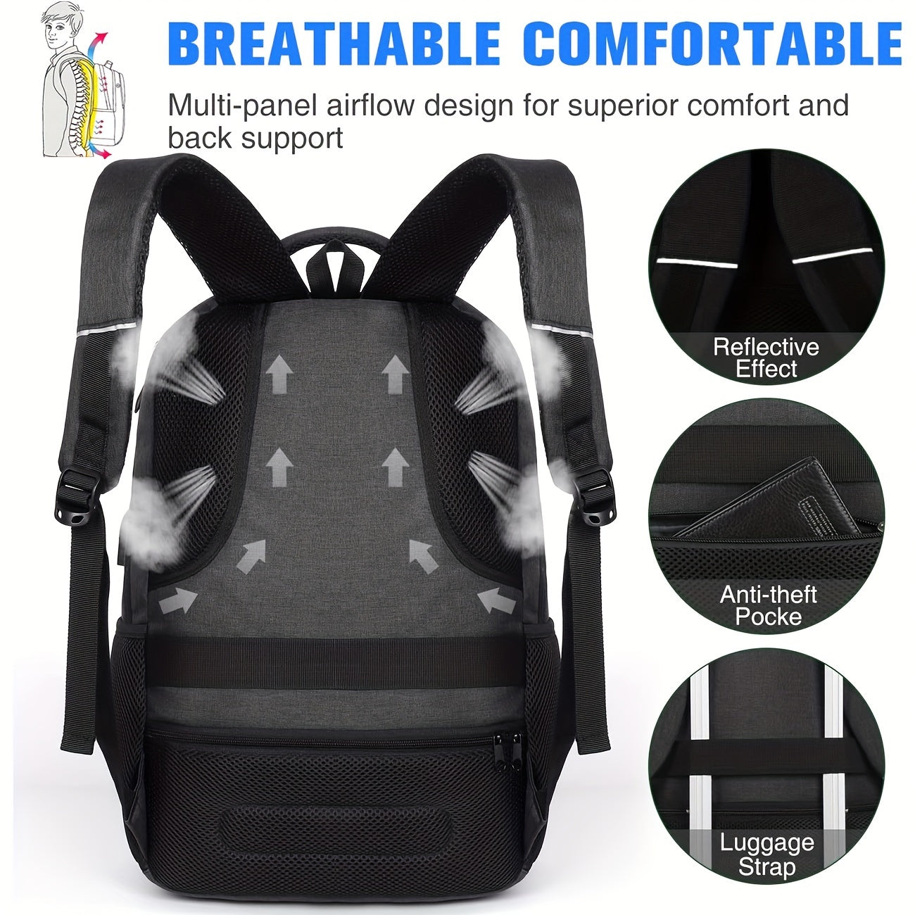 black travel backpacking backpack with breathable comfort and anti-theft pocket