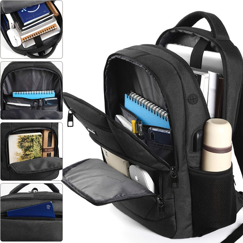 Black travel backpacking backpack with multiple compartments for organization