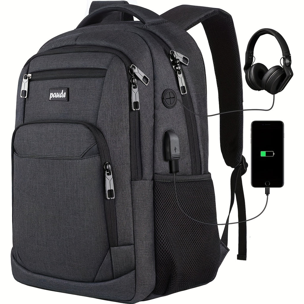 Gray travel backpacking backpack with USB charging port for convenient use
