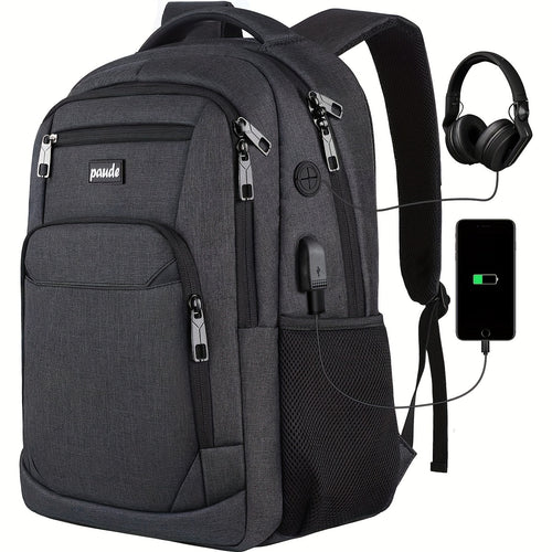 Gray travel backpacking backpack with USB charging port for convenient use