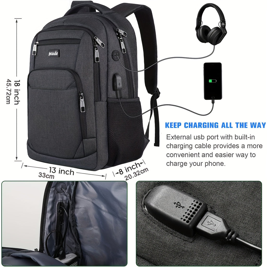 Gray travel backpacking backpack, USB charging port, durable fabric