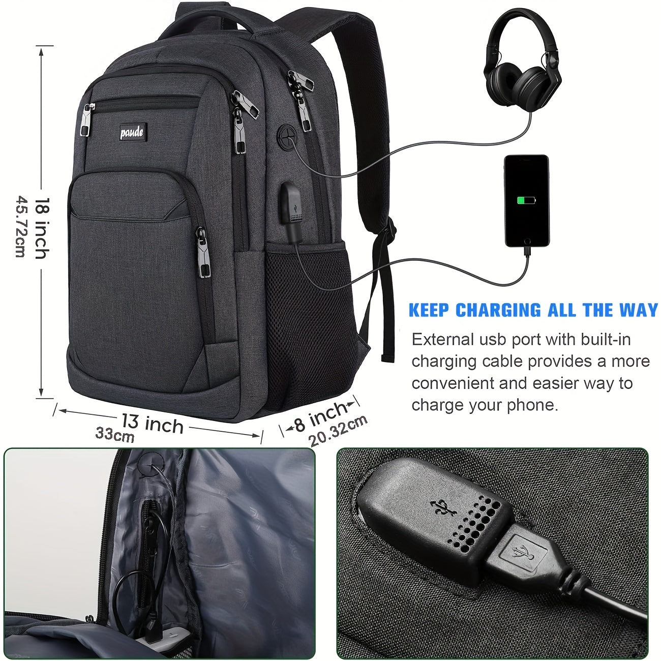 Gray travel backpacking backpack, USB charging port, durable fabric