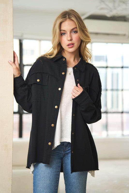 Women's Davi & Dani peace symbol vacation shirt in black for relaxed summer style