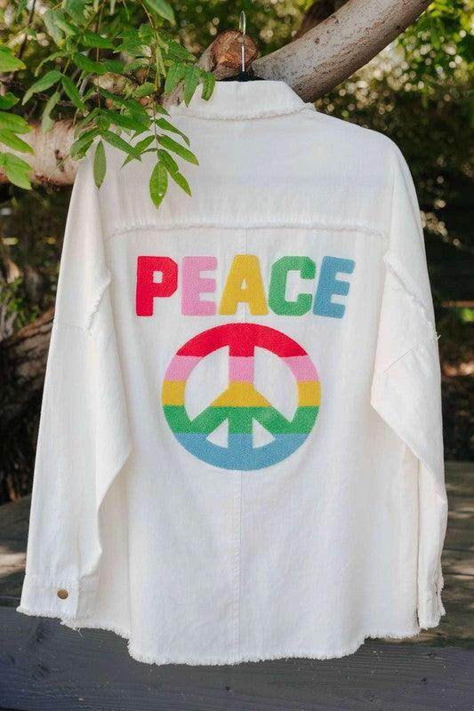 Davi & Dani Women's Shirt featuring a vibrant peace symbol vacation shirt design on the back