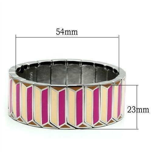 Peach pink stretch bangle bracelet with colorful geometric pattern and flexible design for easy wear