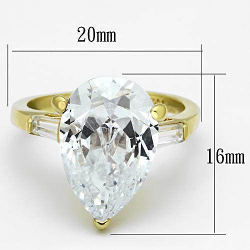Stunning pear shaped gold engagement ring featuring a large clear stone and elegant detailing