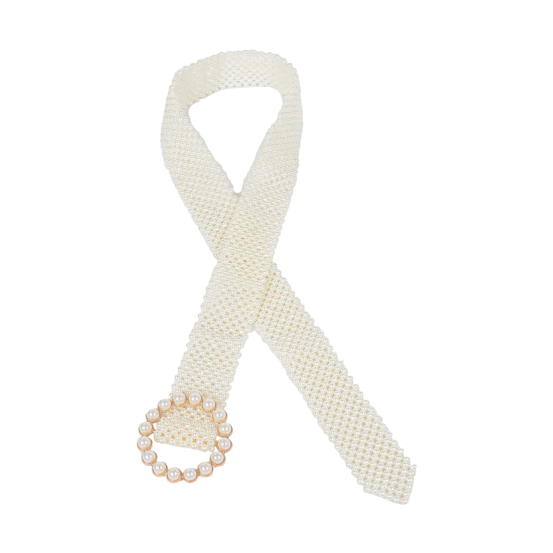 Elegant pearl beaded belt for women with a circular pearl buckle for a stylish look
