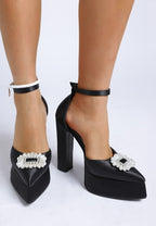 Women's black pearl detail block heel sandals for elegant occasions