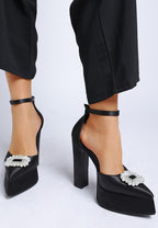 Women's black pearl detail block heel sandals with ankle strap