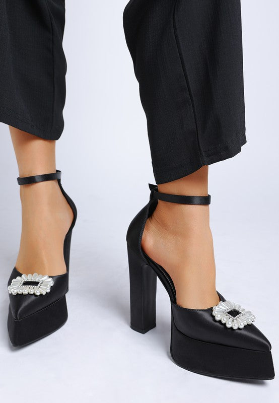 Women's black pearl detail block heel sandals with ankle strap