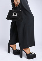 Women's pearl detail block heel sandals in black with stylish design