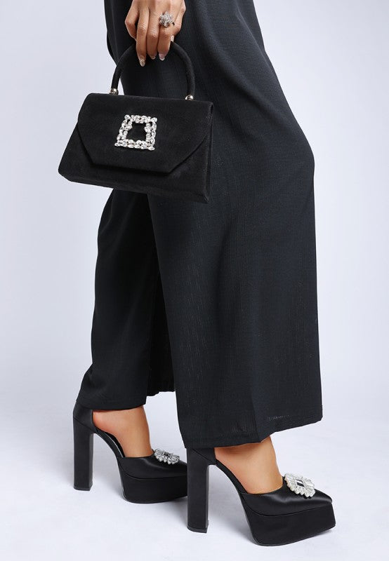 Women's pearl detail block heel sandals in black with stylish design