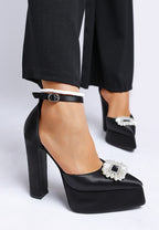 Women's black pearl detail block heel sandals for elegant occasions