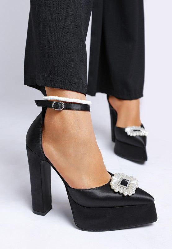 Women's black pearl detail block heel sandals for elegant occasions