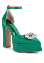 Women's green pearl detail block heel sandals for stylish occasions