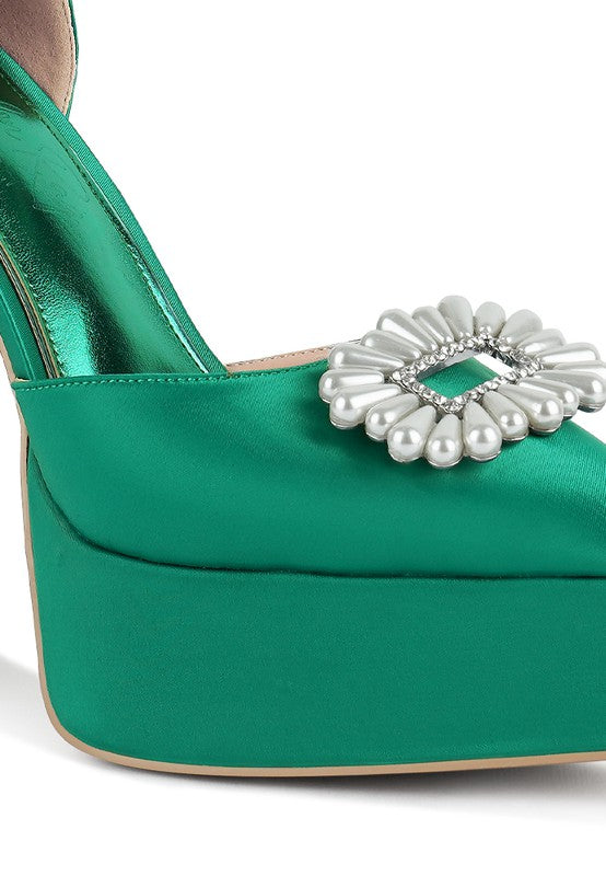 women's green pearl detail block heel sandals, elegant evening wear