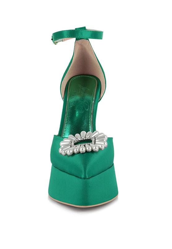 Women's green pearl detail block heel sandals for special occasions