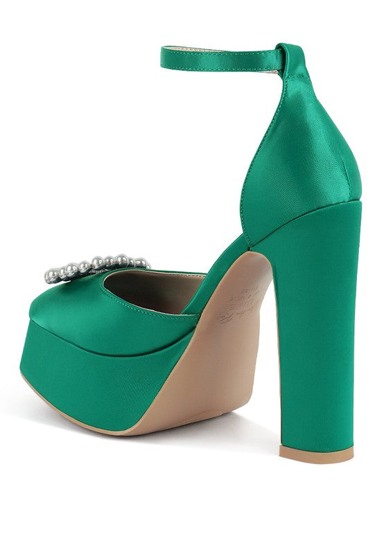 Green pearl detail block heel sandals for stylish women