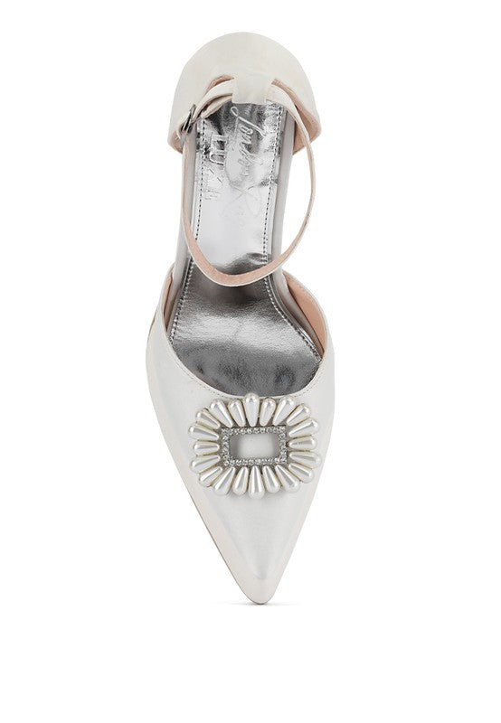 Women's pearl detail block heel sandals in silver for special occasions