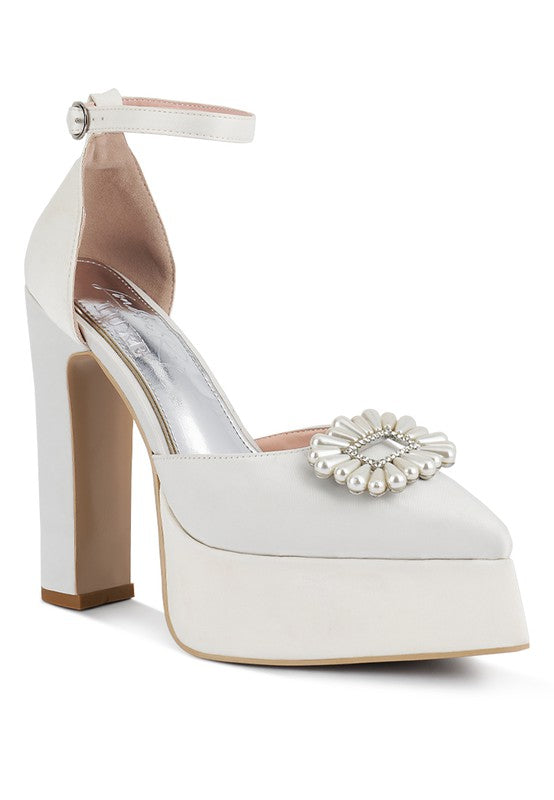 Women's white pearl detail block heel sandals for elegant occasions