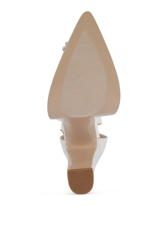 Rag Company pearl detail block heel sandals in white, perfect for formal occasions