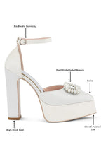 White satin pearl detail block heel sandals with pin buckle fastening
