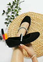 Rag Company women's black pearl detail Mary Jane flats with decorative pearl strap