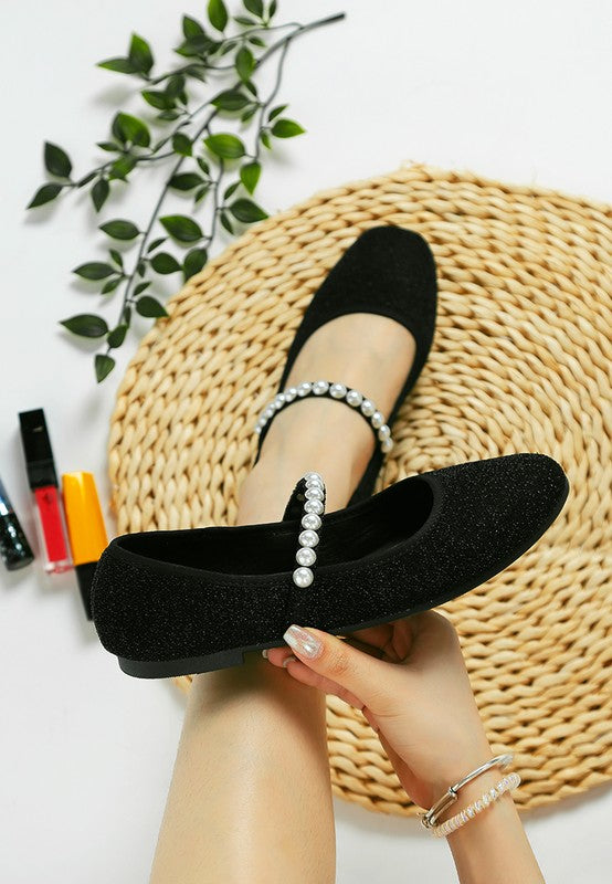 Rag Company women's black pearl detail Mary Jane flats with decorative pearl strap