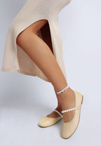 Rag Company women's pearl detail Mary Jane flats in light beige with ankle strap and pearl embellishments