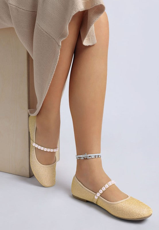 Rag Company women's pearl detail Mary Jane flats in beige with pearl strap and comfortable flat sole
