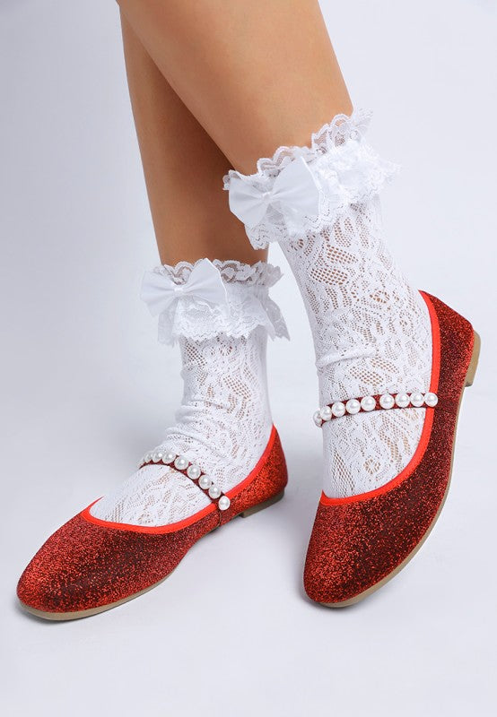 Rag Company women's pearl detail Mary Jane flats in red glitter with pearl strap and white lace socks