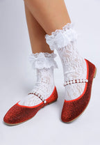 Rag Company women's pearl detail Mary Jane flats in red glitter with pearl strap and white lace socks